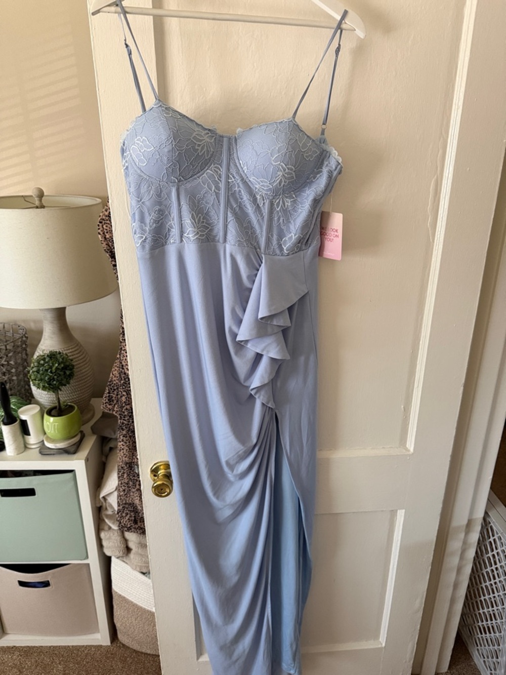 Hello Molly Pale Blue Lace maxi Dress with Ruffle & slit